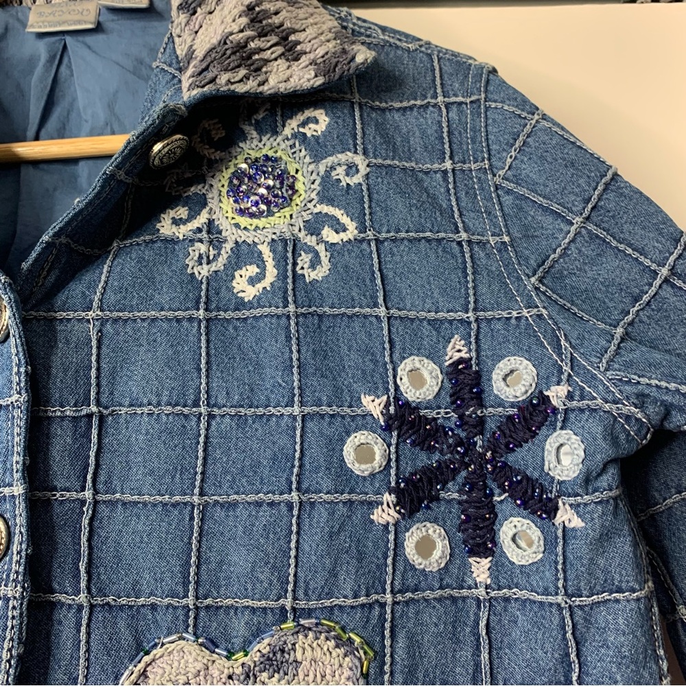 Blue Bayou Patchwork Embroidered Crochet Beaded Boho Denm jacket Women Size US S - Picture 5 of 16